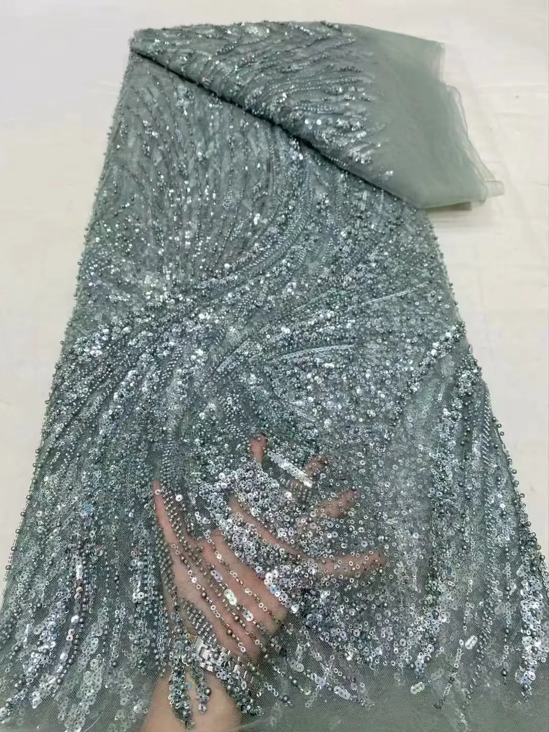 

2025 High Quality African Lace Fabric Sequins Mesh Lace France Luxury Beads 3D Embroidered Tulle Lace Fabric for Sewing