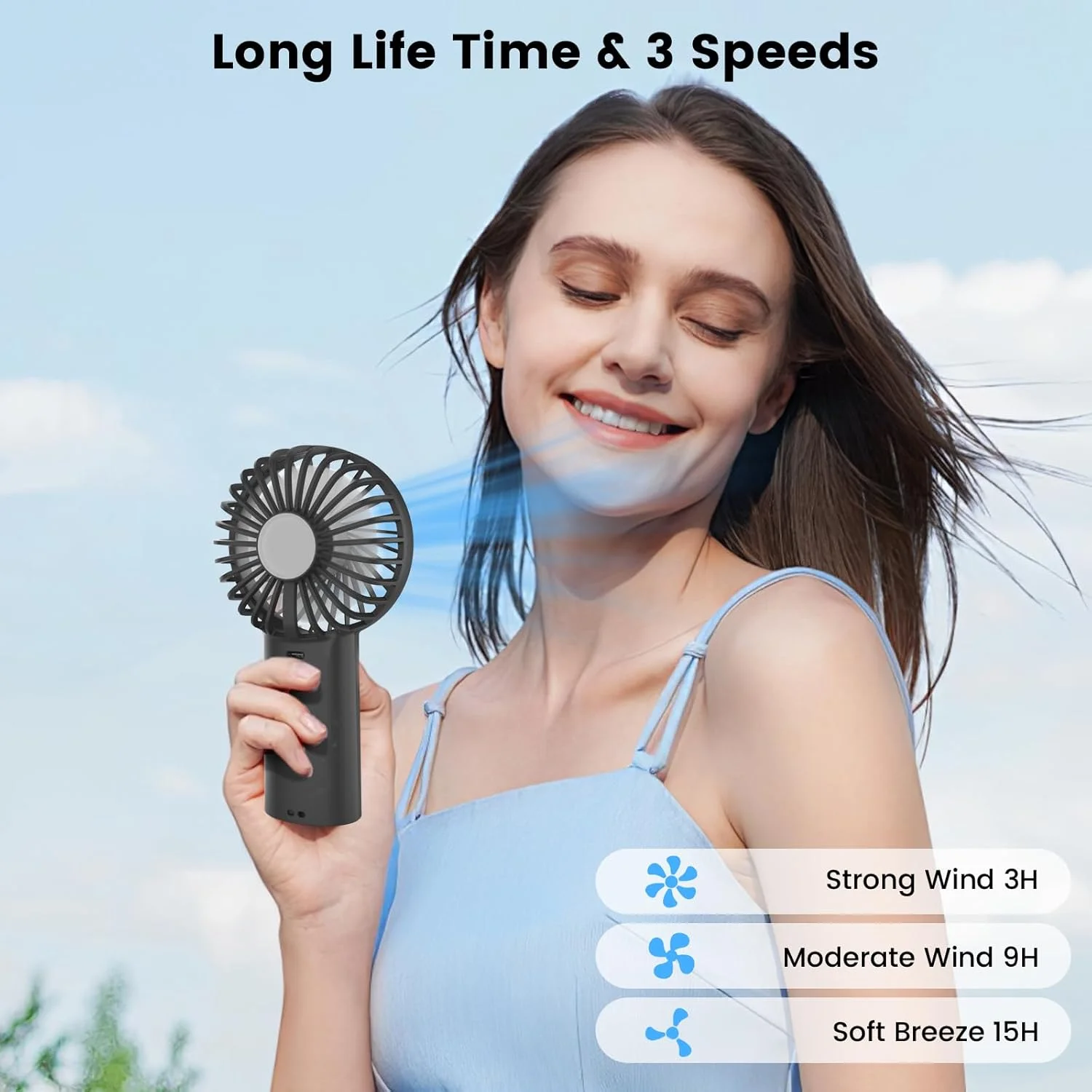 Portable Handheld Fan,3 Speeds Powerful Personal Fan with Flashlight, USB Rechargeable 2400mAh Battery Operated Fan for 3-15 hou