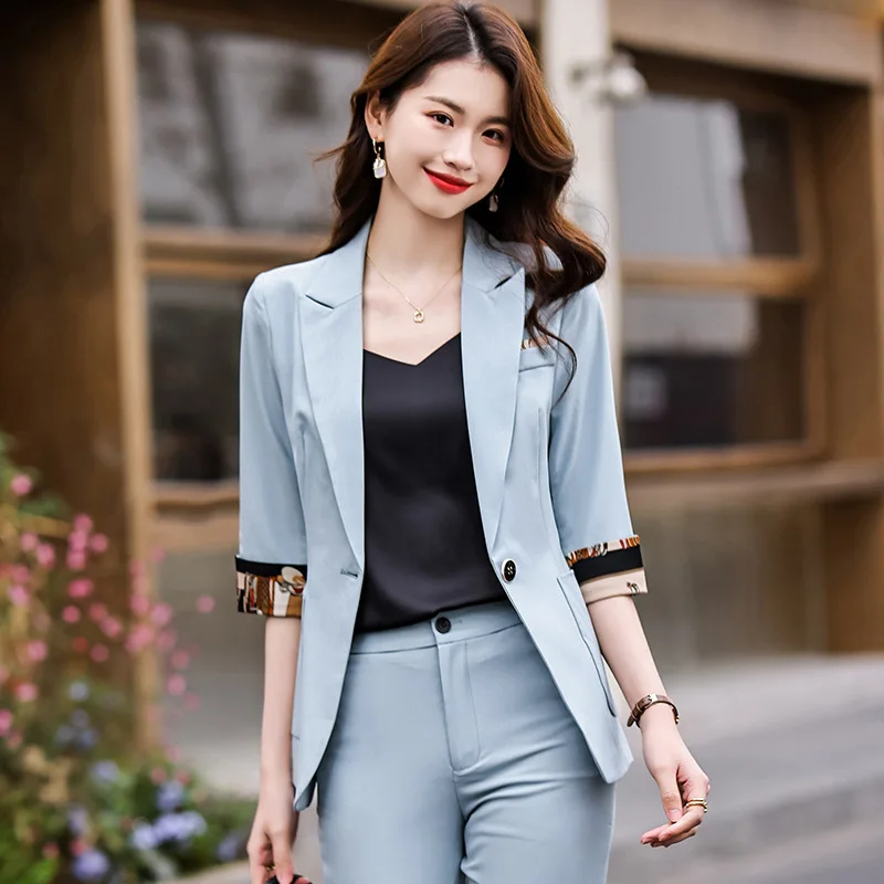 

Blue Suit Women's Spring and Summer Design Sense Minority Fashion Temperament Professional 3/4 Sleeve Suit Coat Overalls