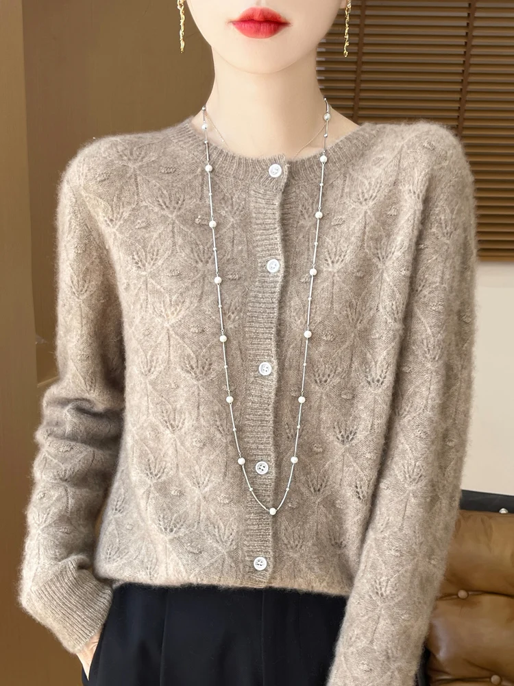 

Women's Cardigan O-Neck Hollow Out Jacquard 100% Merino Wool Knitted Sweater Autumn Winter Warm Soft Solid Clothing Tops