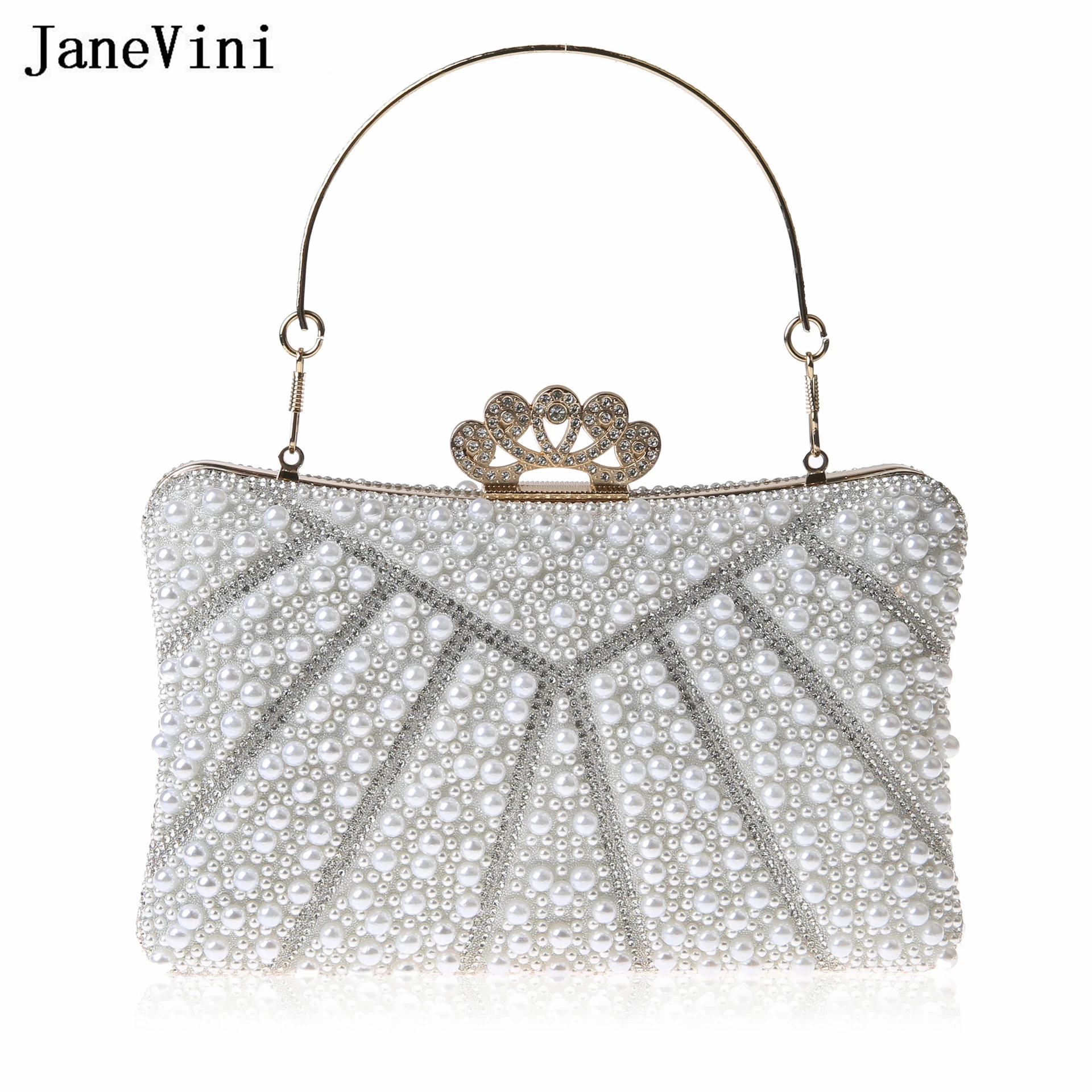 JaneVini Fashion Rhinestone Pearls Hand Bags for Women Ladies Crown Luxury Evening Party Clutch Bag Portable Chain Shoulder Bags