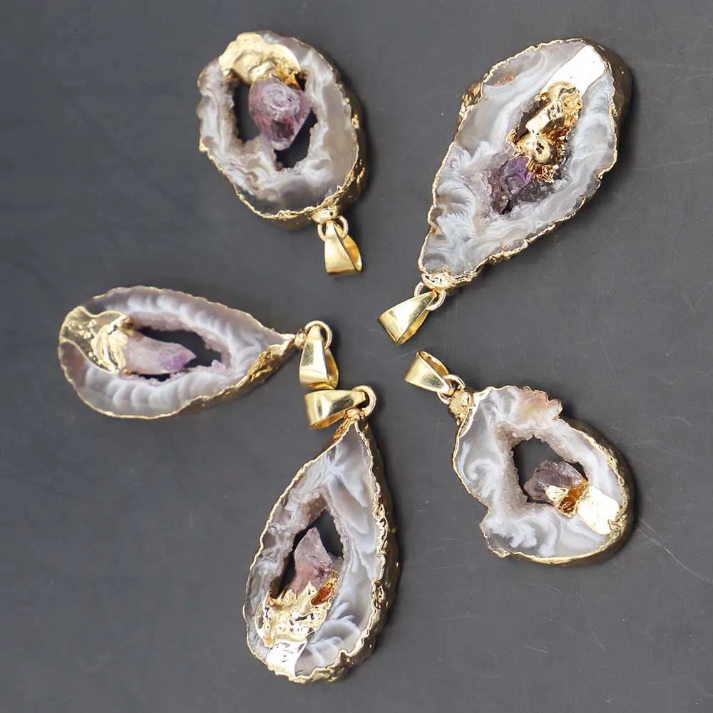 

Natural Agate Geode Necklace Irregular Gray Raw Stone Inset Amethyst Pendants DIY Charm Jewelry Accessories Wholesale 3Pcs/Lot