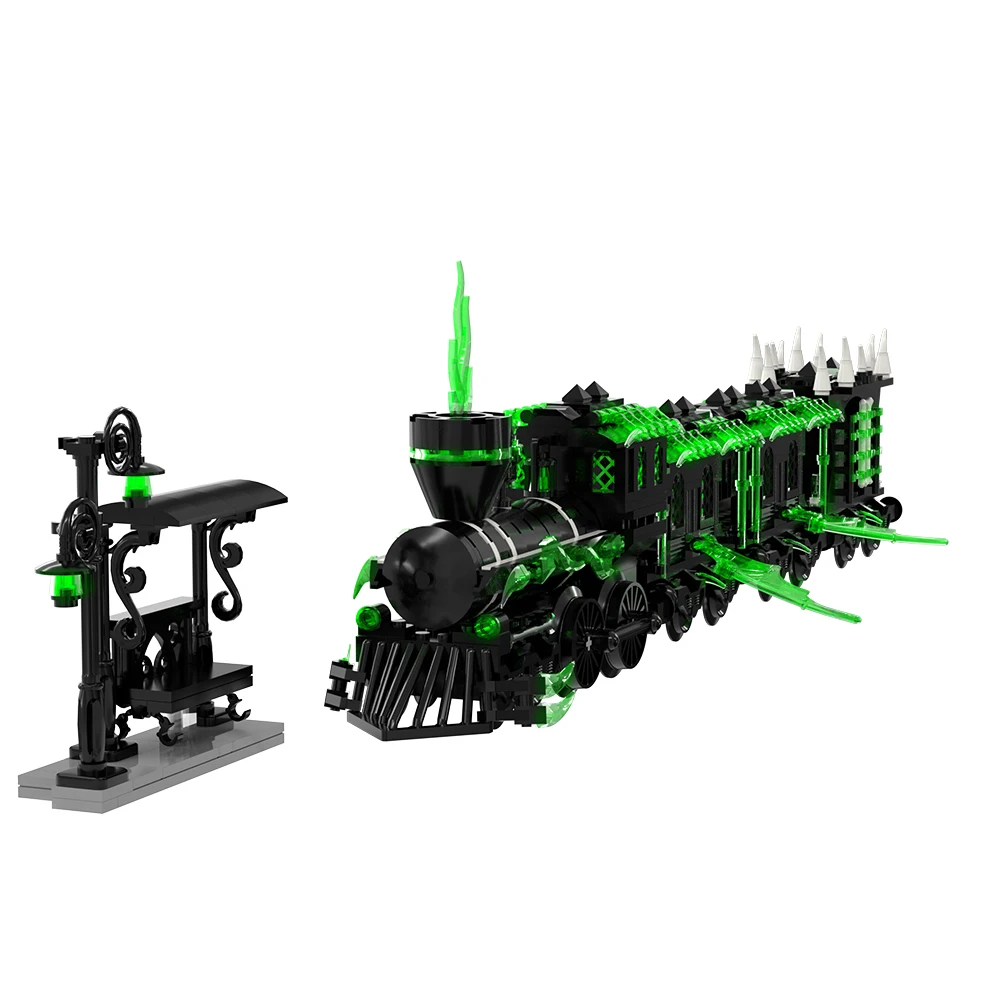Horror-Geisterzug-Baustein-Set, Vintage-Dampfzug mit Bahnhöfen, Halloween-Heimdekoration, 585-teiliges Bausteine-Spielzeug, Geschenk für Erwachsene
