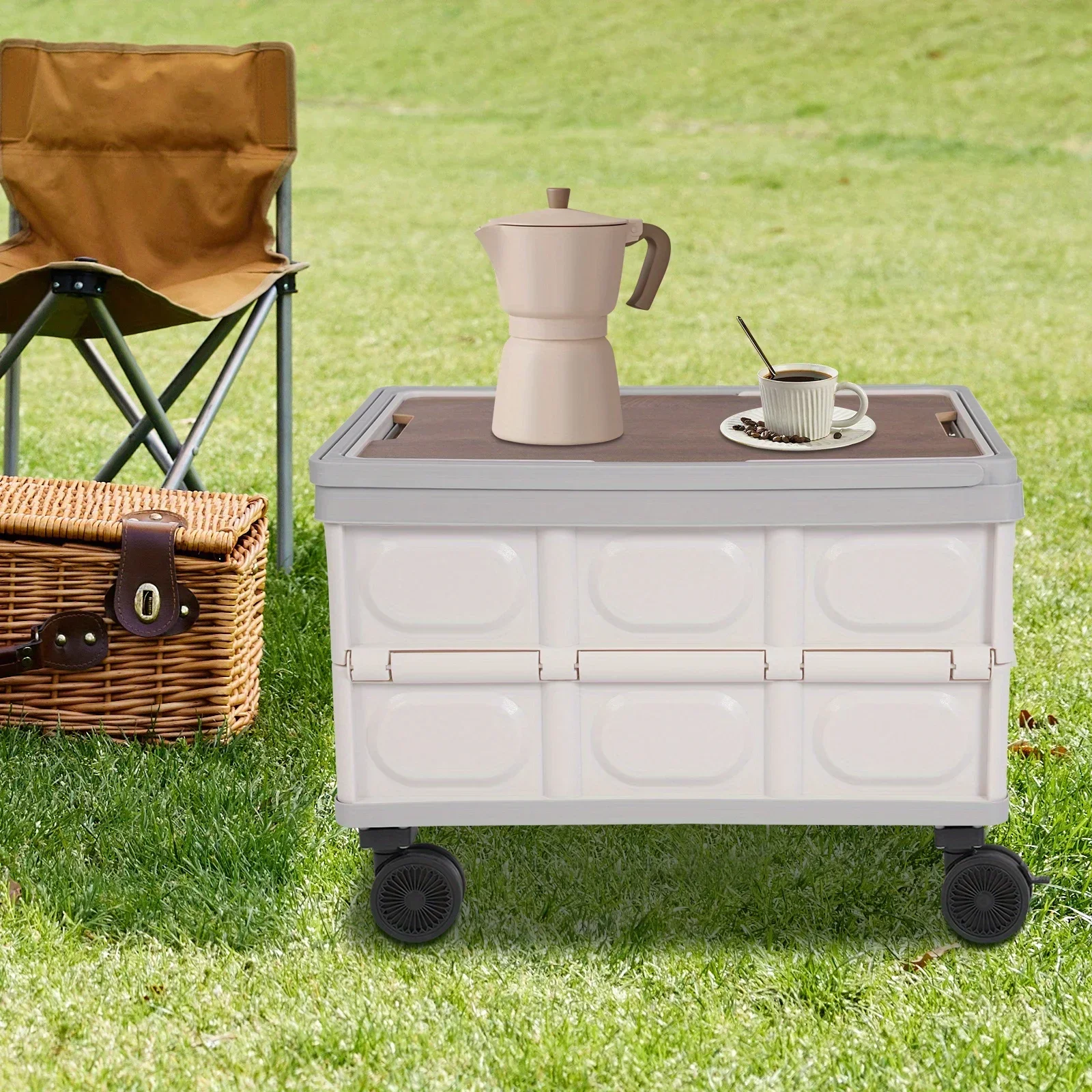 55L Foldable Cart with 360° Rotating Wheels and Long Handle - Grey, Made of PP, Suitable for Indoor and Outdoor Use, Picnic Set