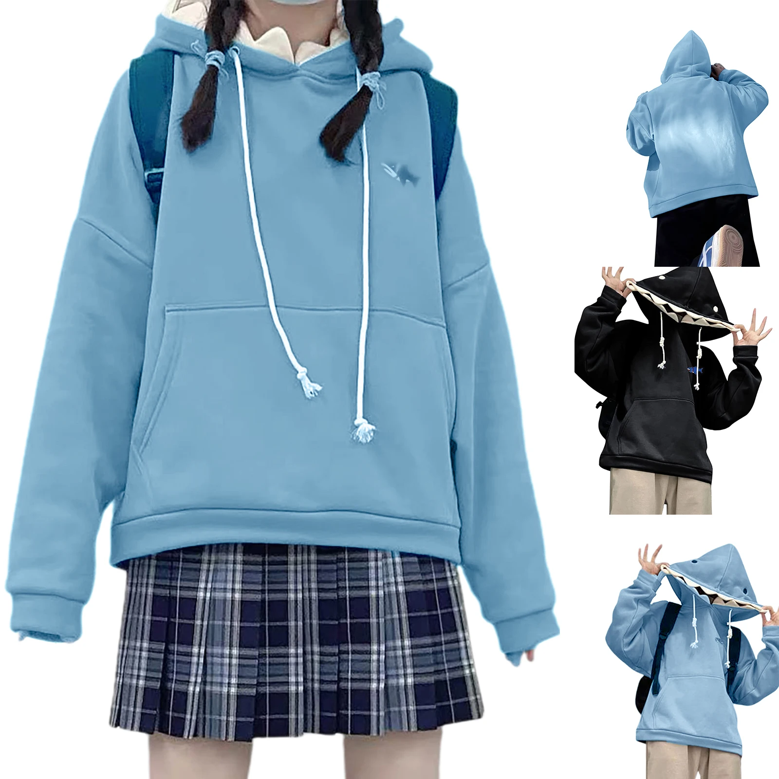 Women Spring Fall Drawstring Hoodie Long Sleeve Cute Shark Sweatshirts Kawaii Animal Shape Hooded Outwear with One Pocket