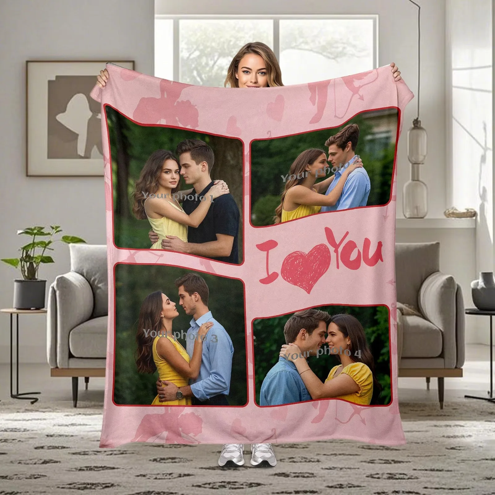 

​ Одеяло Love Story на заказ, 4 фото, красные романтические надписи, цветочные акценты, гипоаллергенный фланелевой плед для пар