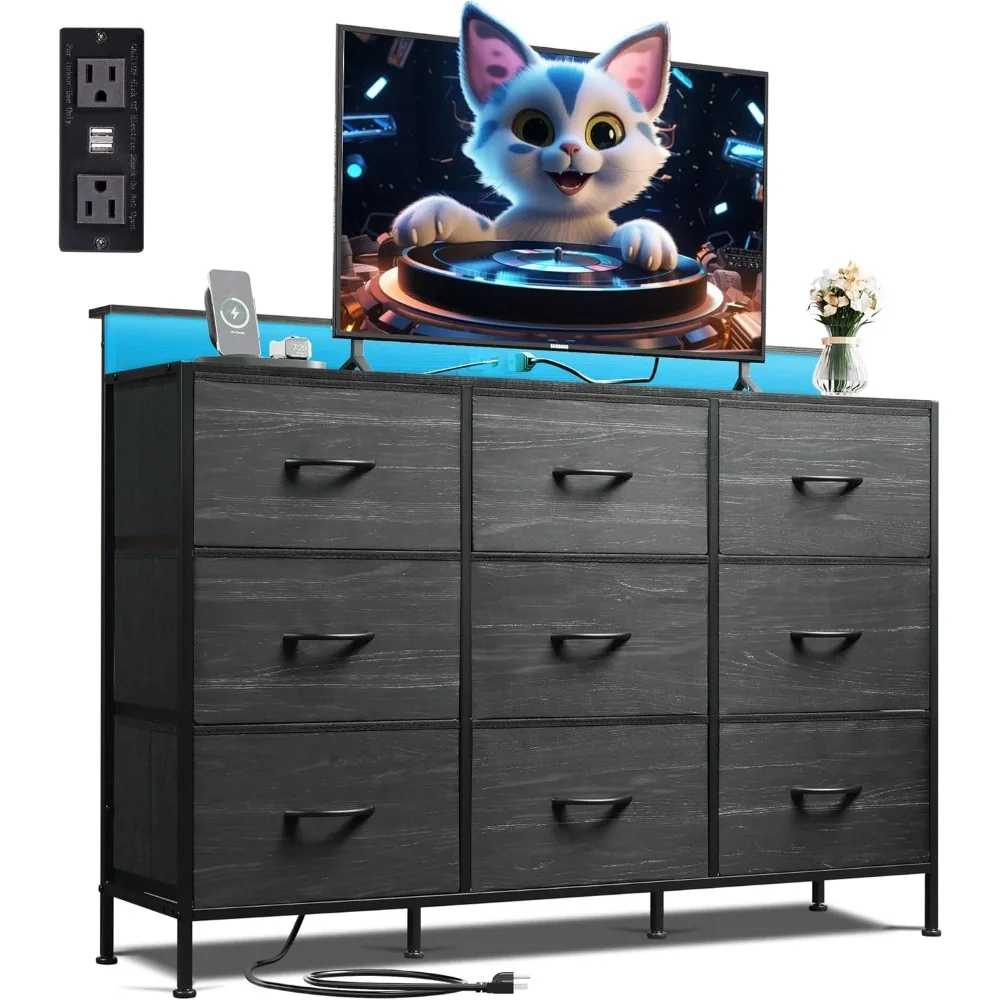 

Dresser TV Stand for 55 Inch, Led Dressers with LED Lights and Charging Station, Chest of Drawers, 9 Fabric Dresser Drawers