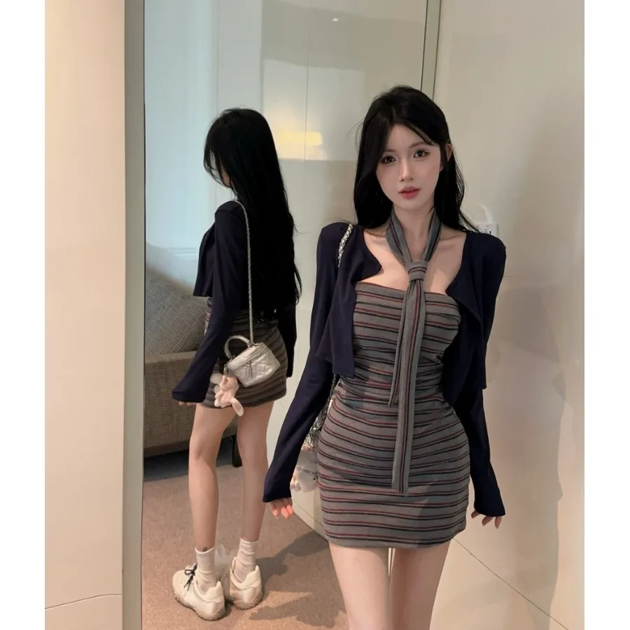 

Корейский Sle Agel Элегантный высококачественный топ в полоску в стиле ретро с запахом вокруг юбки Повседневный длинный открытый кардиган свеча из двух частей Se...