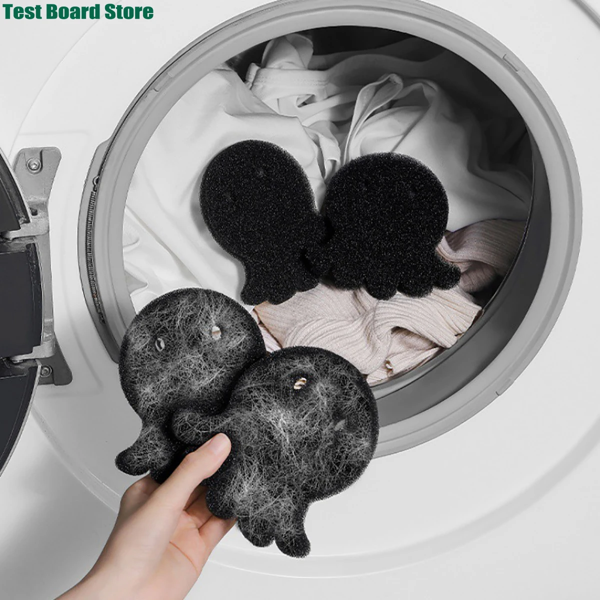 

2Pce black washing machine sponge hair remover cute octopus sponge washing machine hair remover reusable drying ball