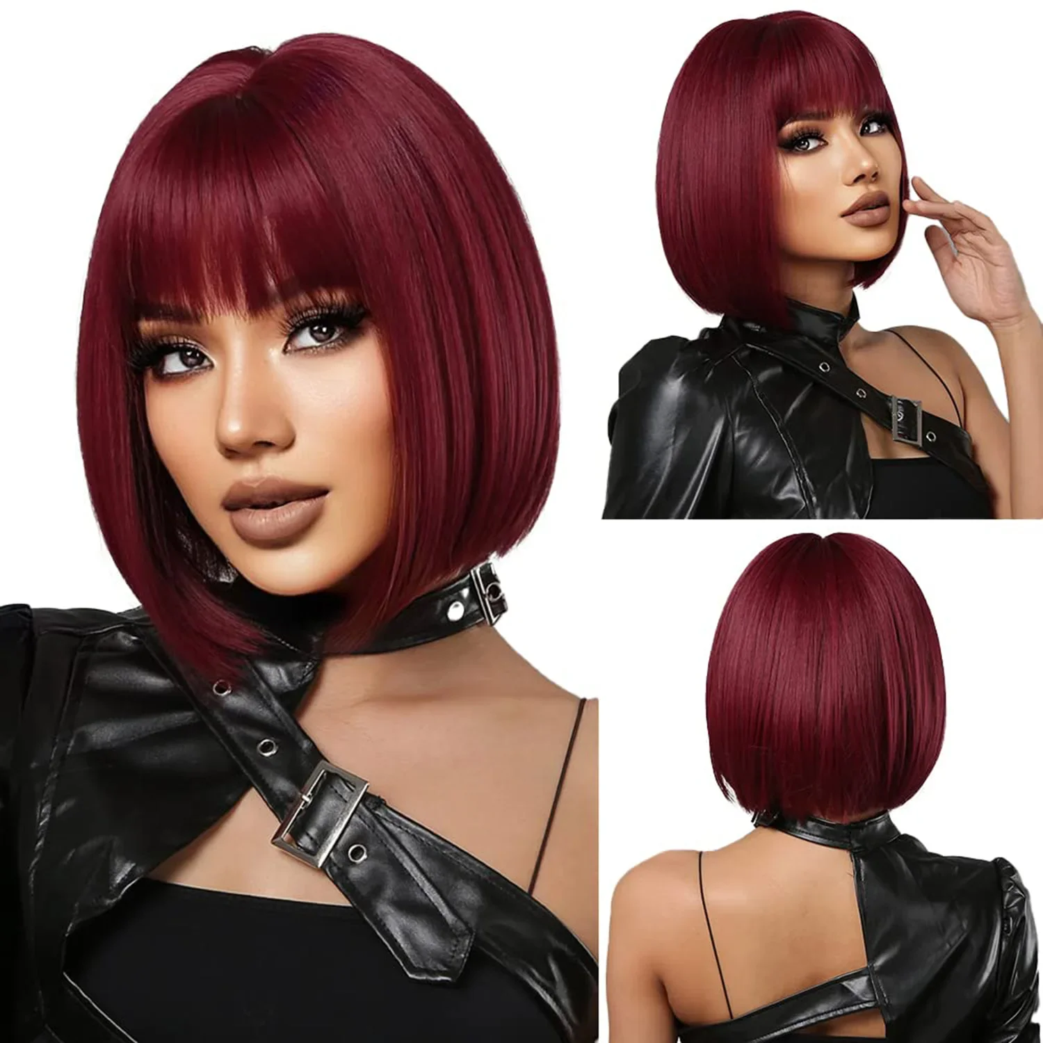 

Short Bob Synthetic Wig with Bangs 12 Inch Natural Look Hairpiece for Women Daily Wear Party Cosplay Stylish Burgundy