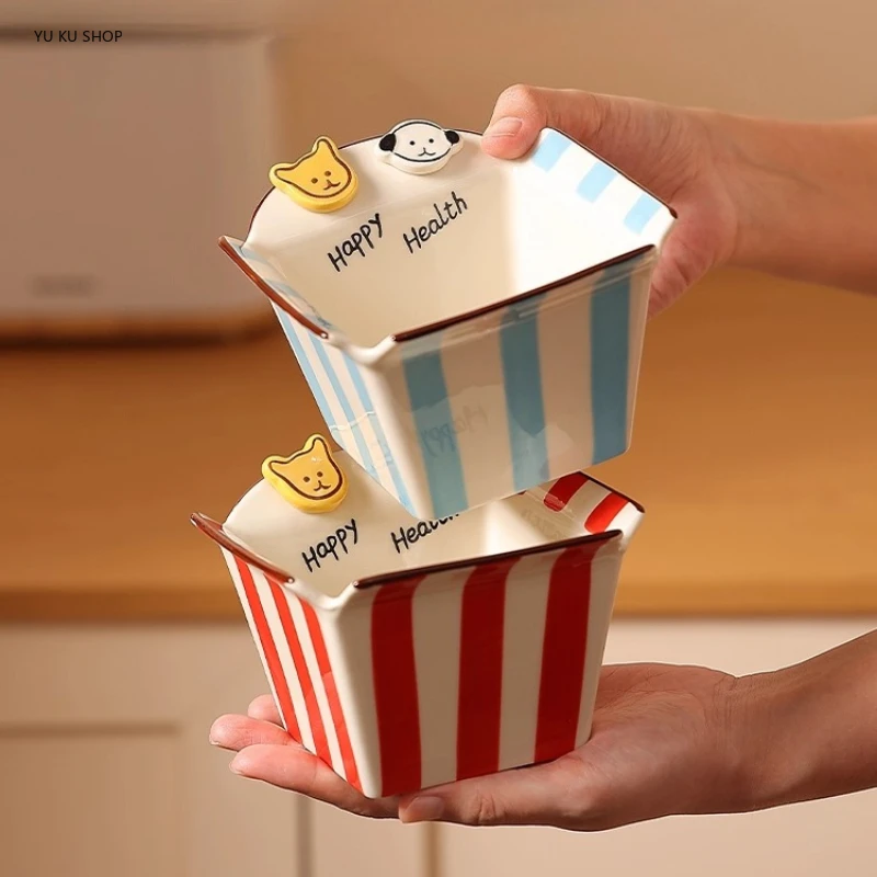

Ceramic Bowl Cartoon Popcorn Bowl Snack French Fries Breakfast Yogurt Striped Fruit Cute Underglaze Color Tableware For Children