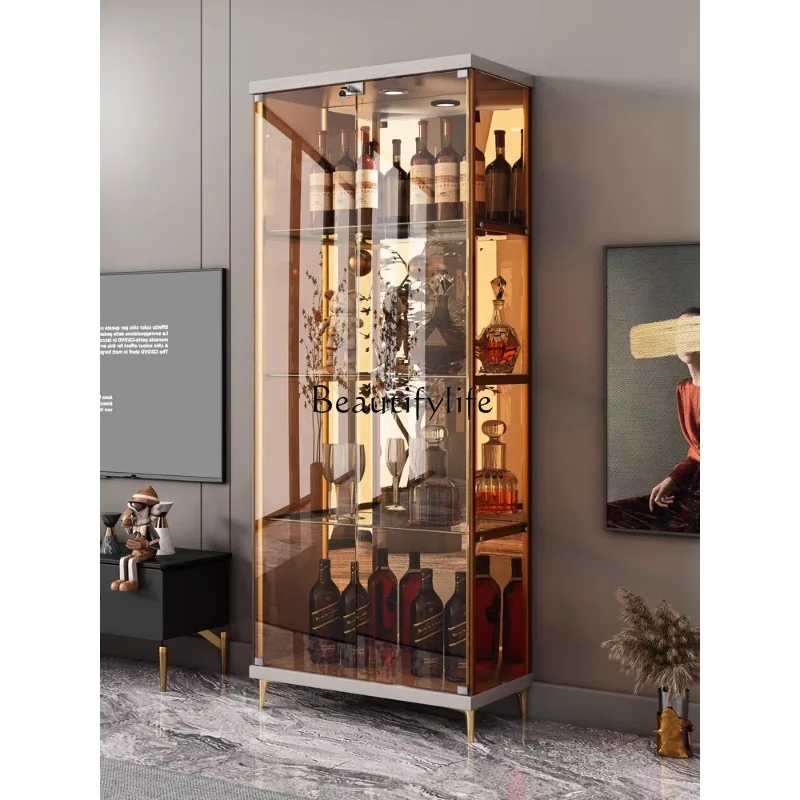 Wine Cabinet Gray Household Light Luxury Wall Stainless Steel Brown Glass Cabinet Modern Minimalist