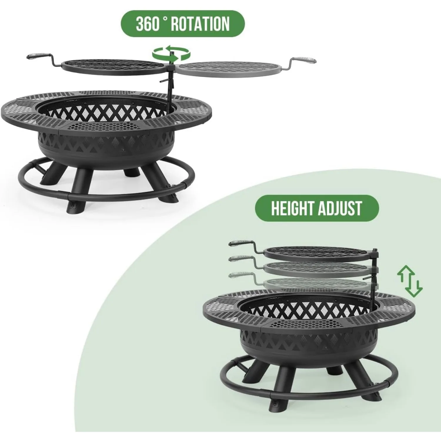 36 inch vuurplaats met grill, houtgestookte vuurkorven voor buiten ronde metalen vuurplaatstafel 3 in 1 met kookrooster zwart