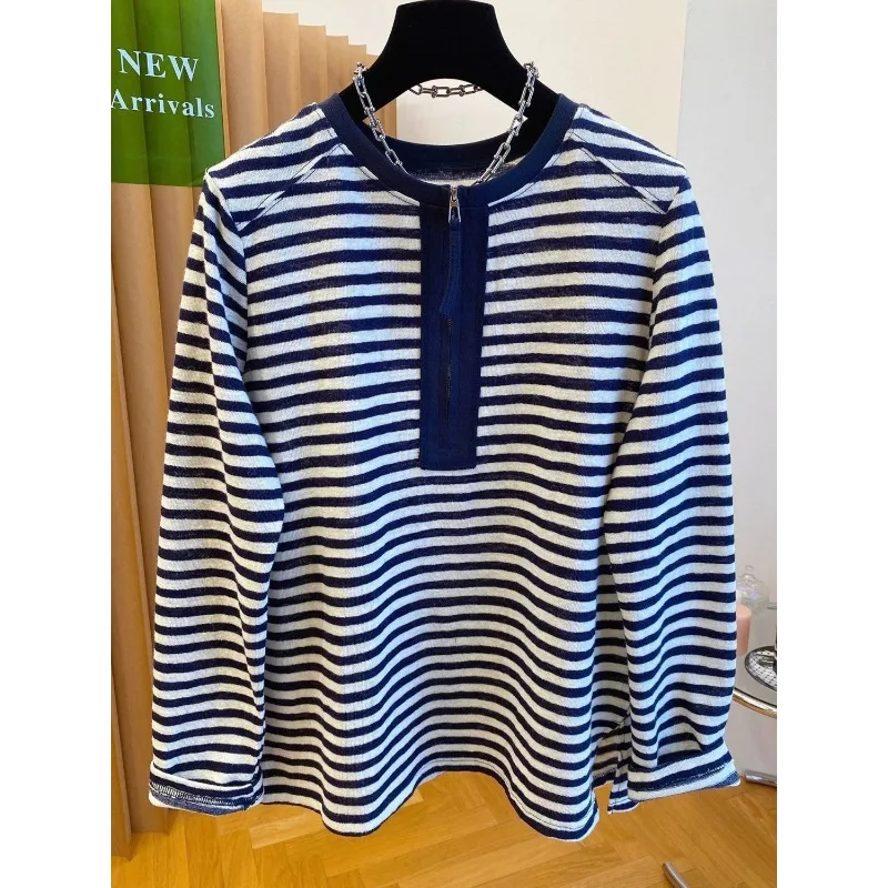 Womens Plus Size Spring Autumn Striped Long Sleeve T Shirt Half Zip High Grade Casual Daily Top