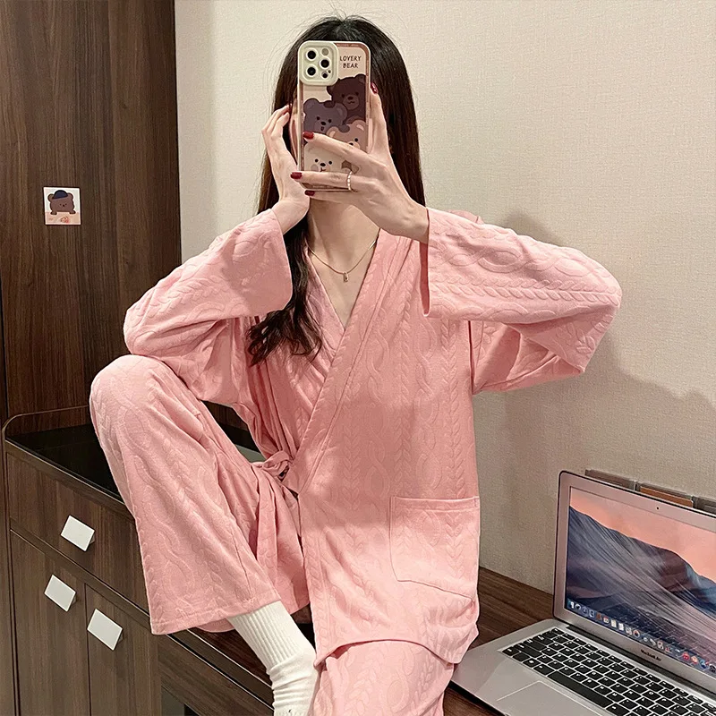 Womens Loose Kimono Pajamas Set 100% Cotton Female Pyjamas Woman Pijamas Spring Autumn Long Sleeve Sleepwear Homewear Loungewear