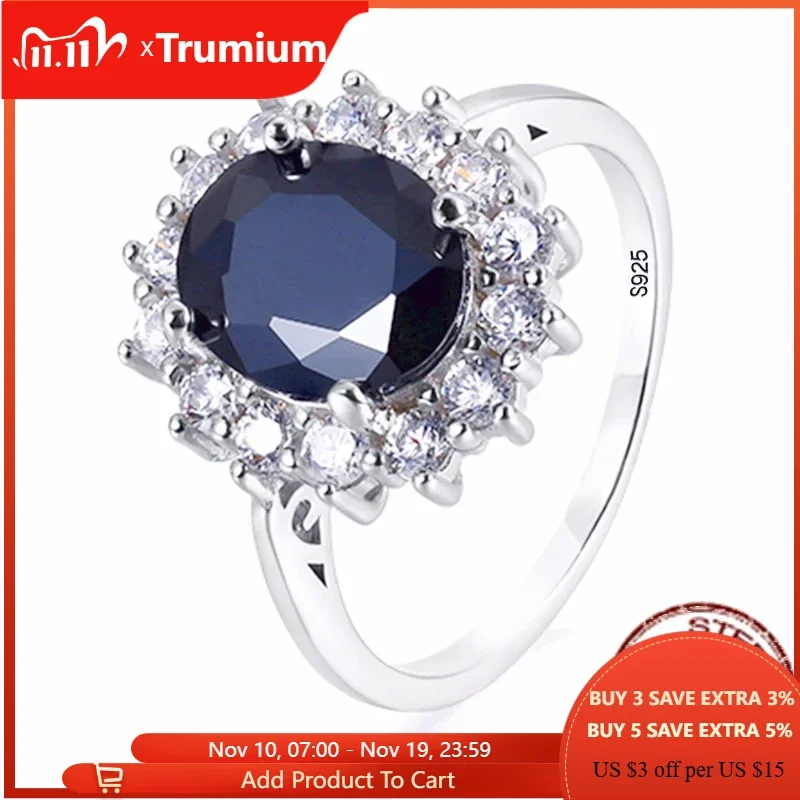

Trumium 3ct Diana 925 Sterling Silver Halo Black Gemstone Ring Oval Luxury Engagement Rings for Women Personality Jewelry