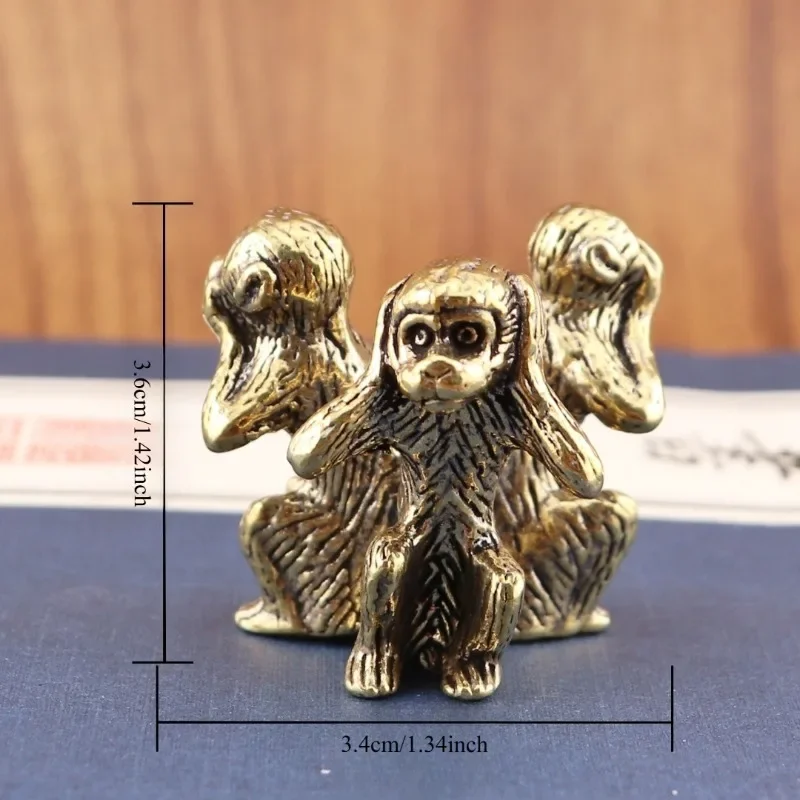 Brass Three Wise Monkeys Figurine Set Vintage Bronze Monkey Statue Mini Ornament, See No Hear No Speak No Evil Sculpture