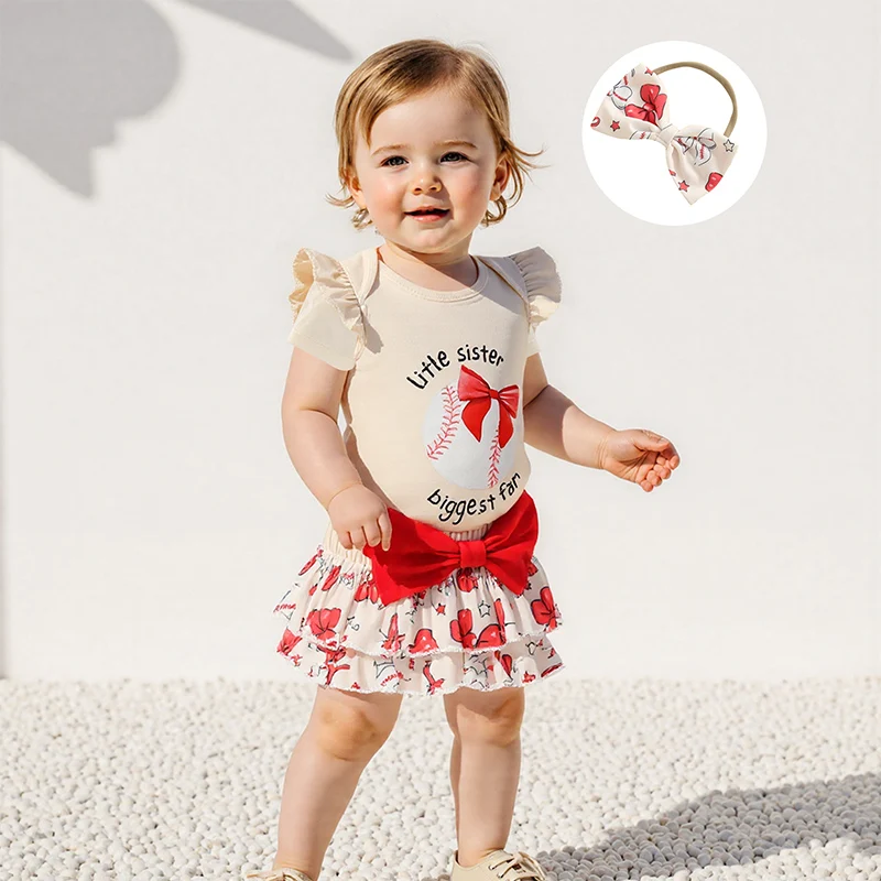 طفلة الصيف الزي البيسبول إلكتروني القوس طباعة قصيرة الأكمام رومبير تكدرت تنورة وعقال القوس مجموعة 3 قطع #6