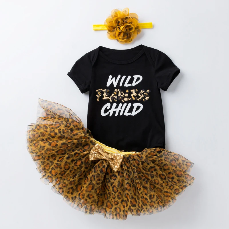 First Birthday Clothes Baby Girl Leopard Dress Birthday Bodysuit Headband Infant Girl Party Outfit One Year Summer Clothes Photo