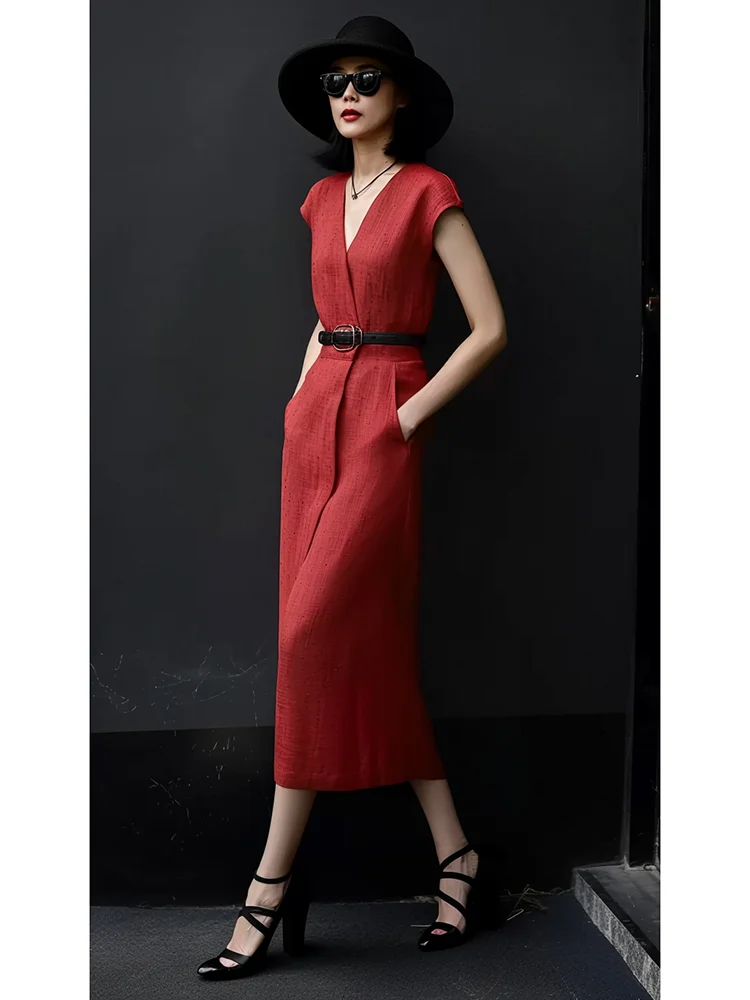 

Новинка лета: Красное женское платье миди А-силуэта с коротким рукавом, V-образным вырезом, приталенное, стройнящее, в корейском стиле, для повседневной носки.