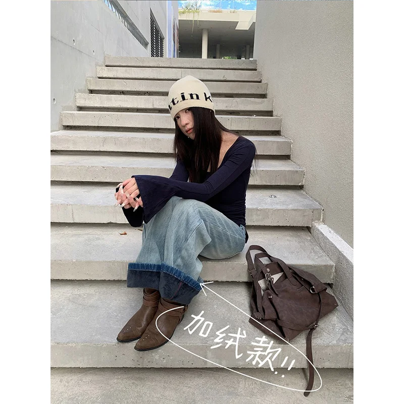 Damskie jeansy Benuynffy High Street Retro z prostymi nogawkami, nowość na jesień i zimę 2025, ocieplane grubym polarem, szerokie nogawki w stylu lat 2000, luźne spodnie.