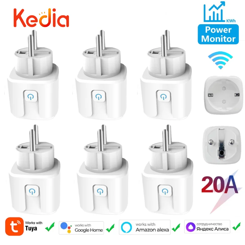 Tuya Wifi Smart Plug Socket 20A EU Smart Home Power Monitor Outlet Timer Smartlife APP Control Work With Google Home Alexa Alice