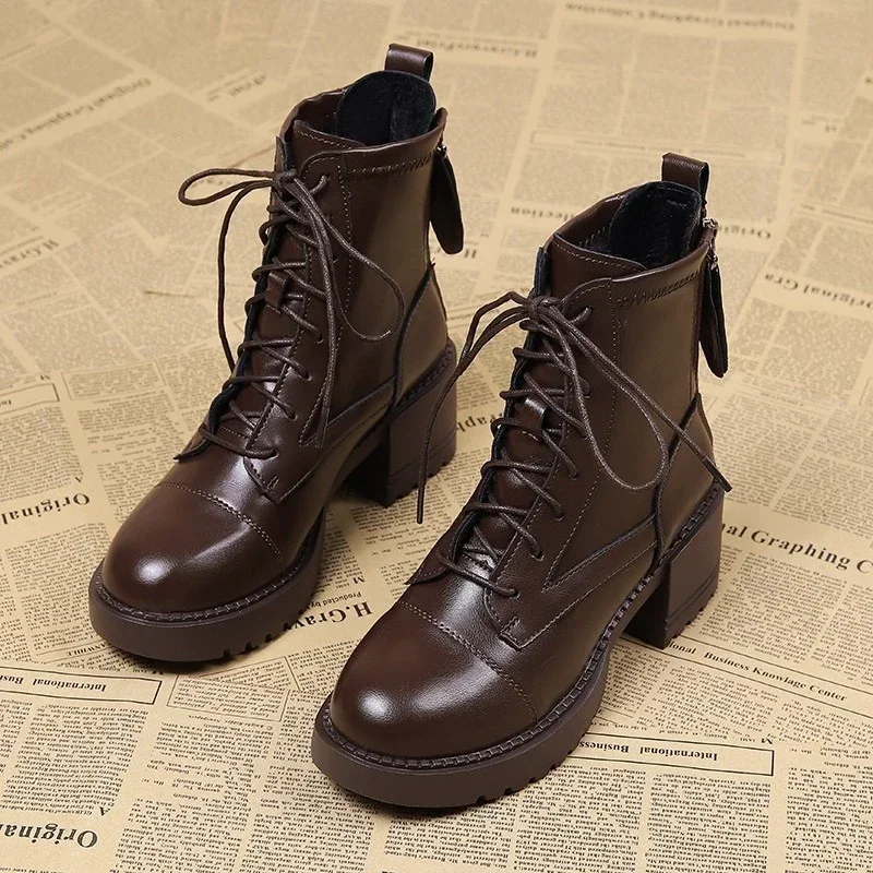 2024 New Fashion Solid Color Round Toe Lace-Up Thick Heel Women's Boots Back Zipper Fashion Boots Casual Zapatos De Mujer image 5