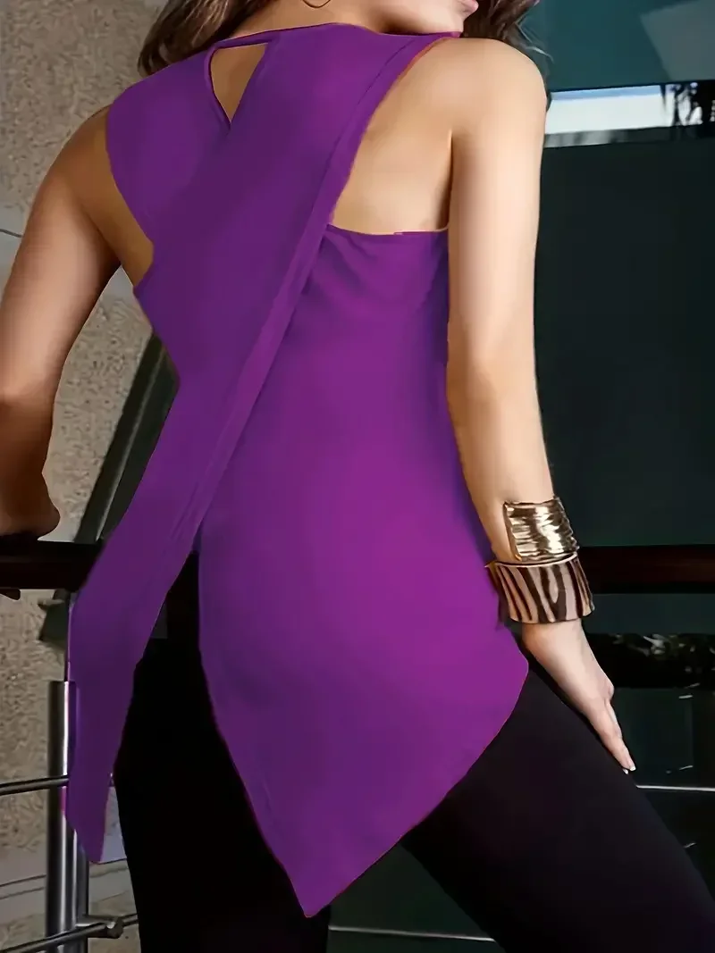 

Женский модный однотонный тонкий жилет без рукавов больших размеров с крестообразным вырезом, женский повседневный пляжный топ с круглым вырезом, вечерние топ