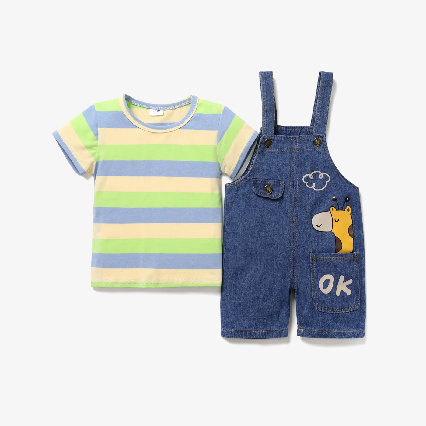

PatPat 2pcs Baby Boy/Girl 95% Cotton Short-sleeve Striped Tee and Cartoon Giraffe Print Denim Overalls Shorts Set