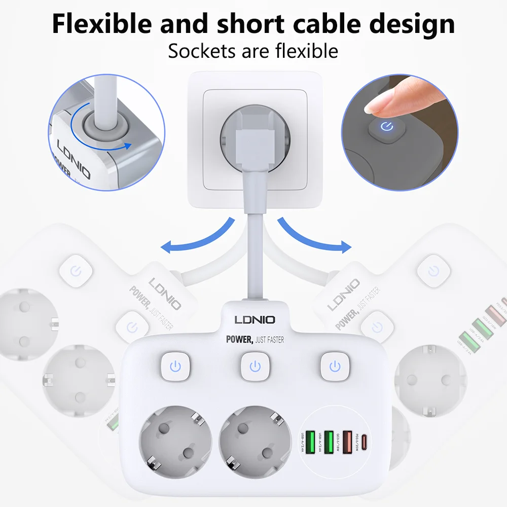 LDNIO zasilacz listwy zasilającej do gniazdo elektryczne wyjściowej Europlug 4 USB z przedłużającym kablem zabezpieczającą przeciwprzepięciową