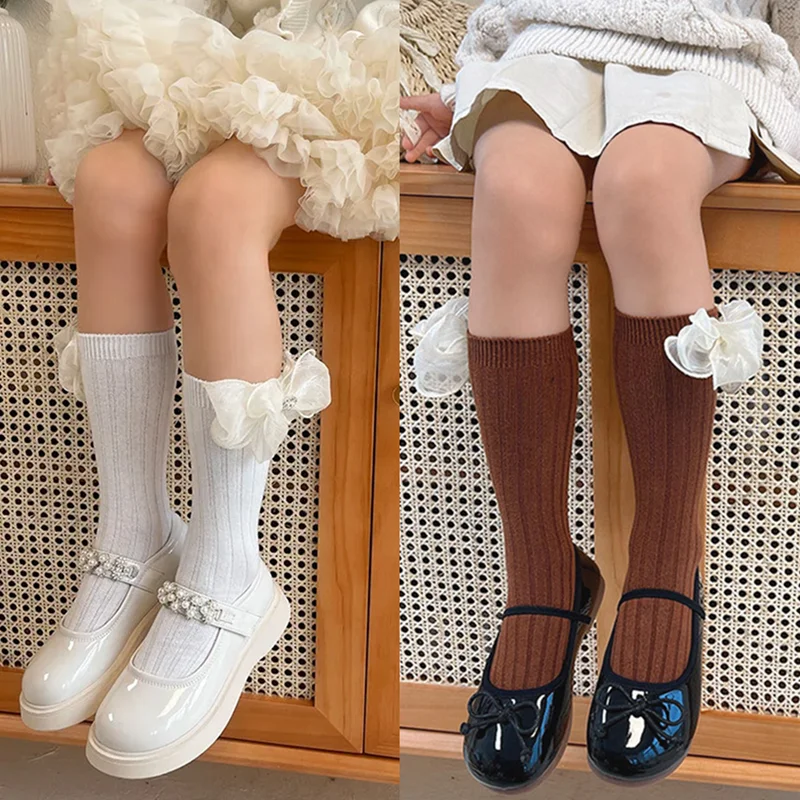 

Sweet Princess Kids Girl Sock Retro European Style Bowknot Calf Sock for Child Girl Spring Autumn Cotton Toddler Knee High Sock