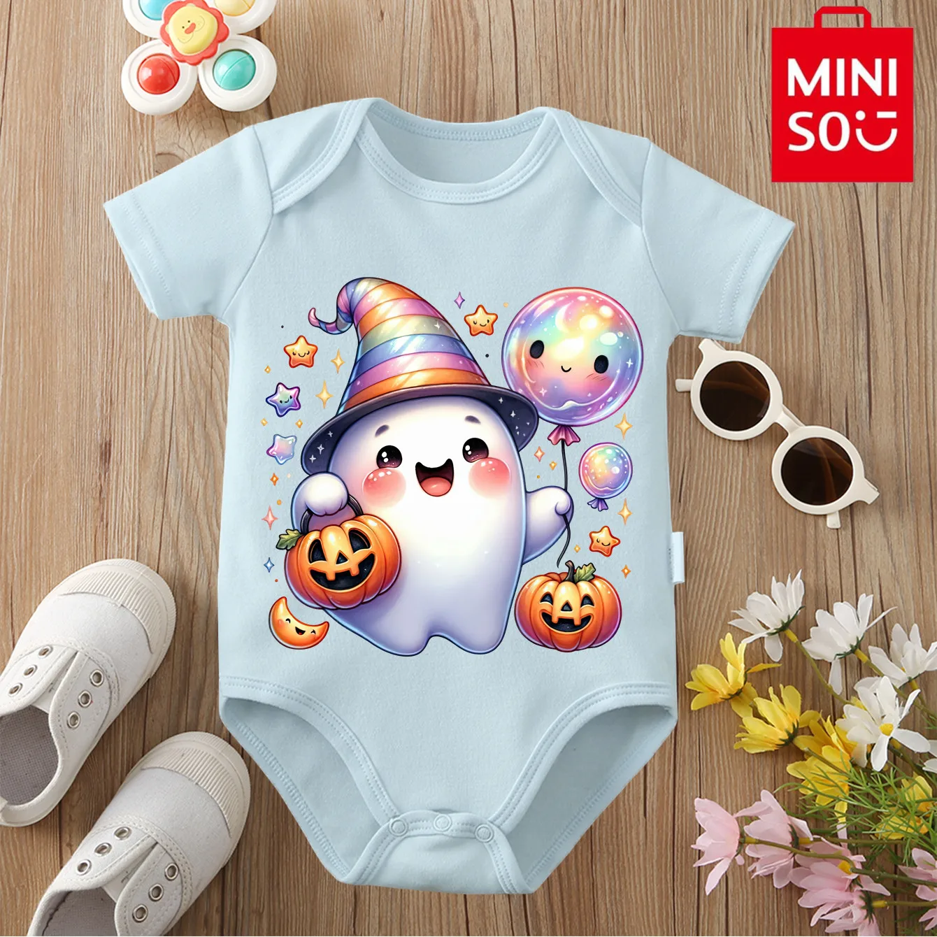 

MINISO 100% хлопчатобумажная ткань My First Halloween Candy Ghost, милый боди с принтом для ребенка, комбинезон для новорожденных от 0 до 12 месяцев
