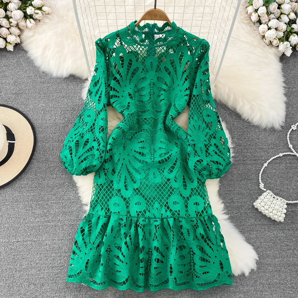 Runway Two Piece Dress Suits Women Sexy Hollow Out Lace Blouses Long Sleeve + Maxi Long Skirts Sets Summer Autumn Outfits