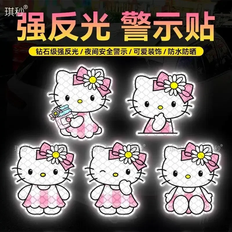 Hello Kitty Cute Kawaii Electric Car Night Reflective Sticker Motorcycle Helmet Night Running Logo Sticker Scratches Car Sticker