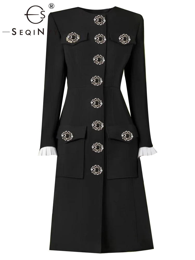 SEQINYY Black Long Coat Autumn Winter New Fashion Design Women Runway High Street Beading Buttons Elegant Pockets Thick Top