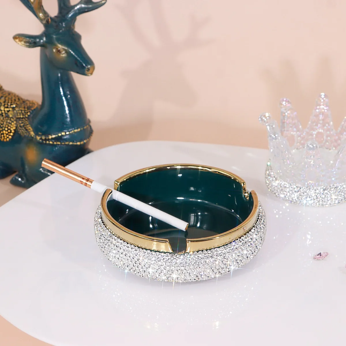 

Diamond Inlaid Creative Ceramic Ashtray, Home Living Room Office Desk High-end Anti Fly Ash Smoking Accessory