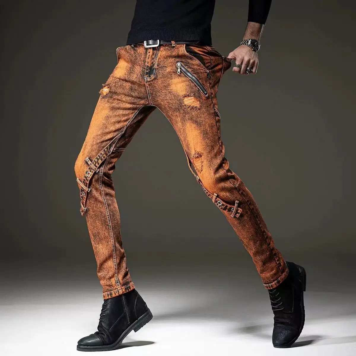 Y2K Designer Fashion New Men's Jeans Washed Nostalgic Stretch Slim Fit Khaki Jeans Hip Hop Brand Pants Hombre