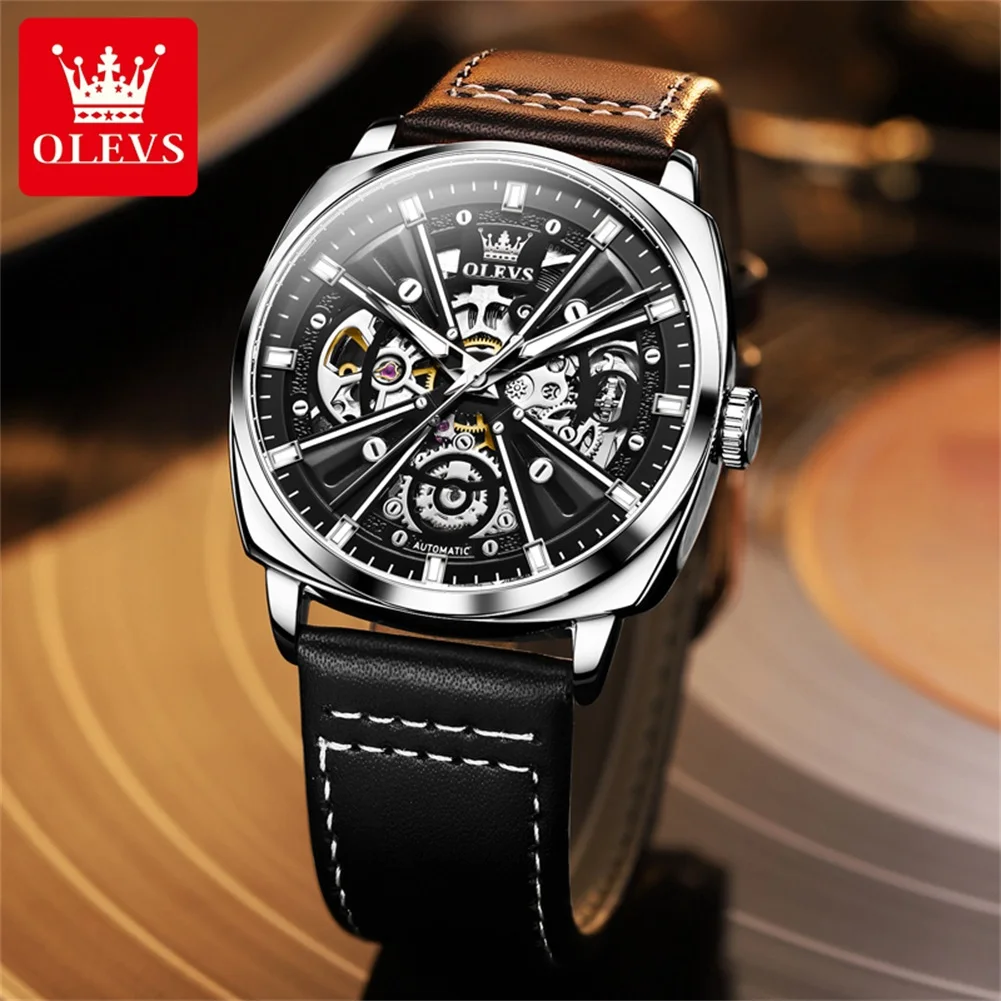 OLEVS 6685 Automatic Watch for Men Golden Skeleton Stainless Steel Waterproof Leather Strap Sports Men\'s Mechanical Wristwatches