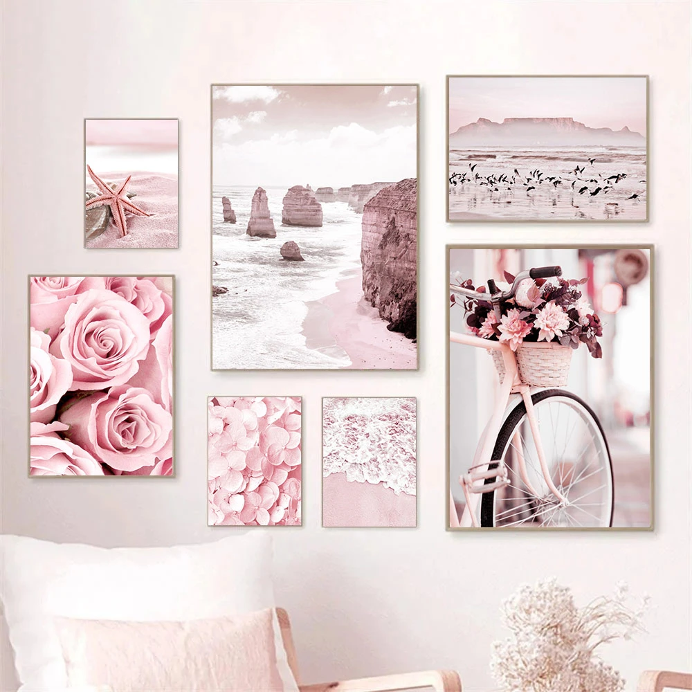 Pink Landscape Sea Beach Posters Starfish Canvas Painting Flower Art Prints Bike Poster Nordic Wall Pictures Living Room Decor