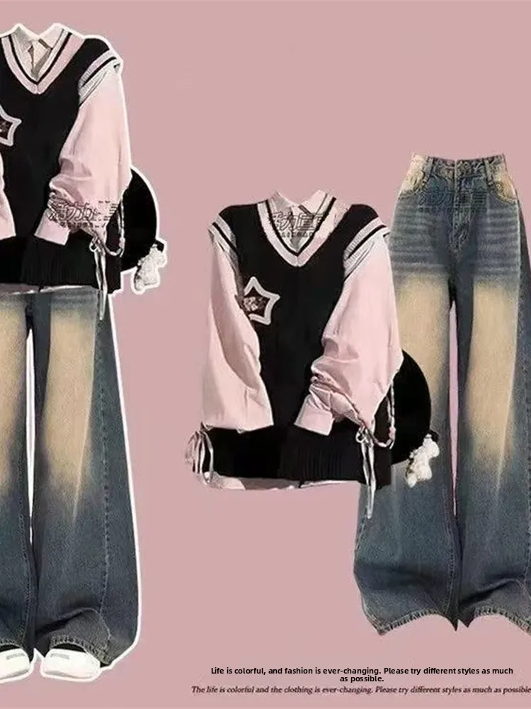 

Корейский вязаный комплект-жилет для женщин, многослойный, в студенческом стиле, осенне-зимний модный комплект из полиэстера с длинными рукавами