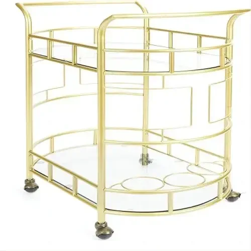 Round Gold Rolling Bar Cart Wine Rack and Lockable Casters 2 Mirrored Shelves Serving Cart for Kitchen Club and Living Room