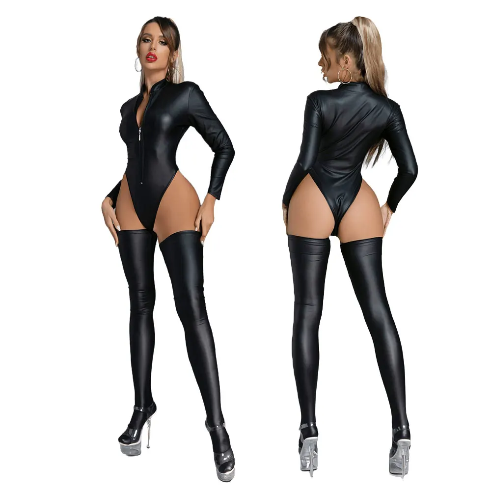 

Women Sexy Lingerie PVC Wetlook Faux Leather Bodysuit Long Sleeve Latex Catsuit with Stocking Fetish Clubwear Wear Sexy Costumes