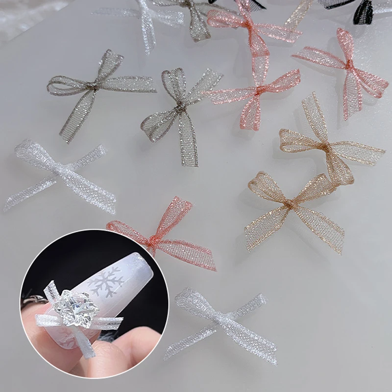 10Pcs Organza Band Bogen Nagel Charms 3D Dekoration Knoten Strass Koreanischen Stil Maniküre Schmuck Kawaii Zubehör für Nagel Ar