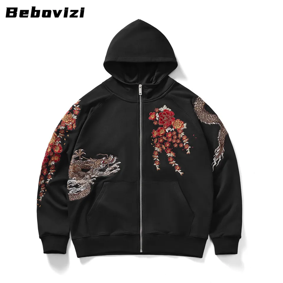 High Quality Chinese Dragon Flower Embroidery Hip Hop Black Hoodie