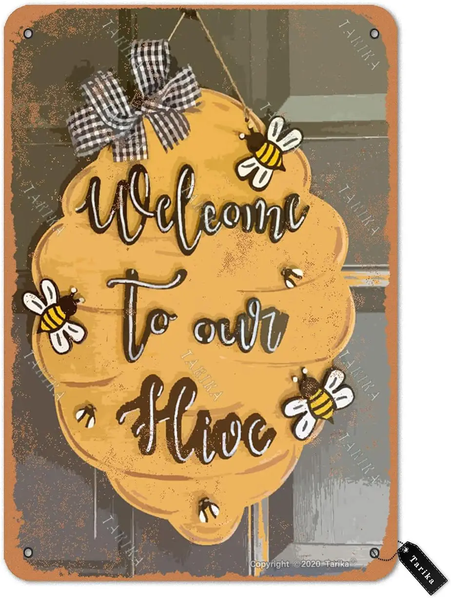 QSHPO Bee Metallschilder, Vintage-Heimdekoration, „Welcome To Our Hive“, Blechposter, für Hof, Bauernhof, Club, Wanddekoration, Plakette