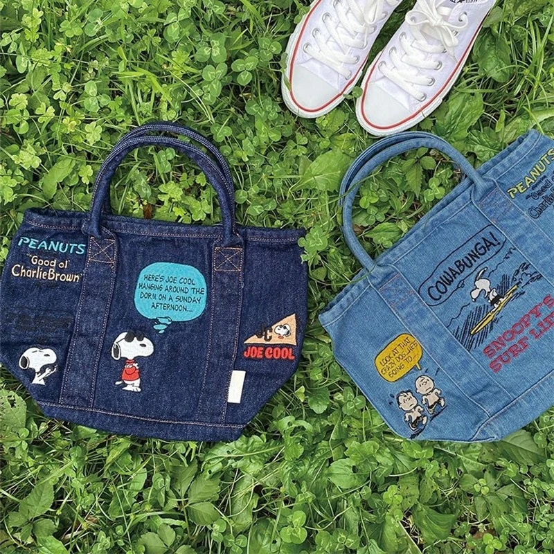 Japanese Snoopy Denim Canvas Handbag Cartoon Cute Embroidery Small Portable Fashion Casual Hand Bag Lunch Box Bag Shipping Free