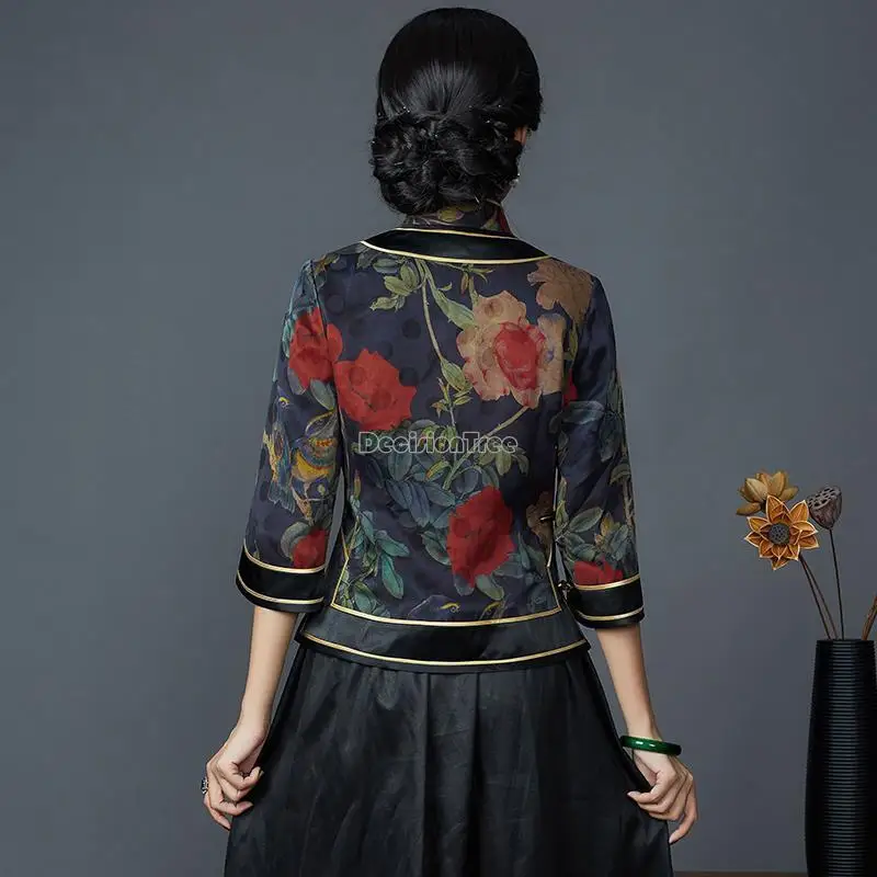 2024 Chinese style tang suit vintage cheongsam top floral printing satin shirt oriental retro top women elegant loose blouse pd