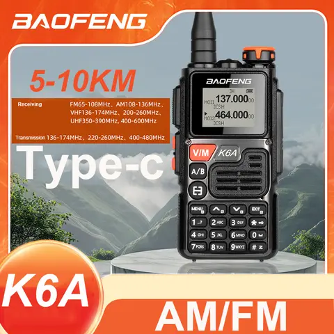 1PCS BAOFENG K6A 휴대용 워키 토키 AM/FM 항공 밴드 수신 주파수 카운터 기능, 오래 지속되는 배터리 TYPE-C