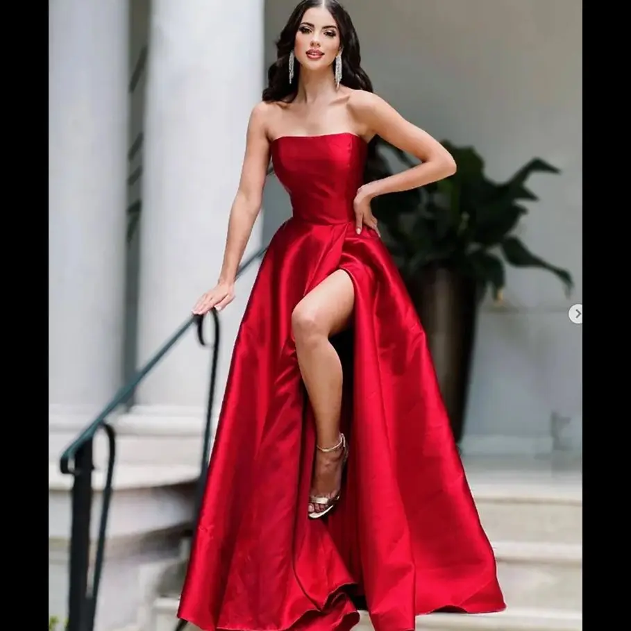 Red Stain Strapless Evening Dress New Minimalist  Slim Fit Slit Women's Banquet Gown vestidos de noche