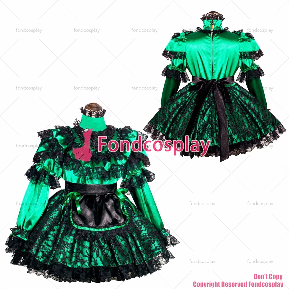 fondcosplay adult sexy cross dressing sissy maid short French Lockable Green Satin black lace Dress Uniform CD/TV[G4002]